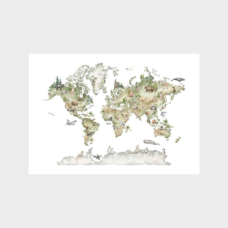 World Map Animals Art Print